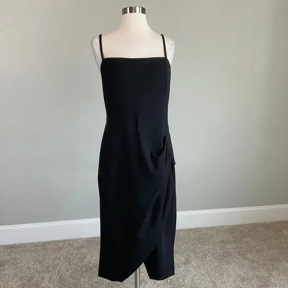 Laundry Black Midi Sheath Ruched Thigh Slit Sleeveless Cocktail Dress Size 16 - Picture 2 of 12